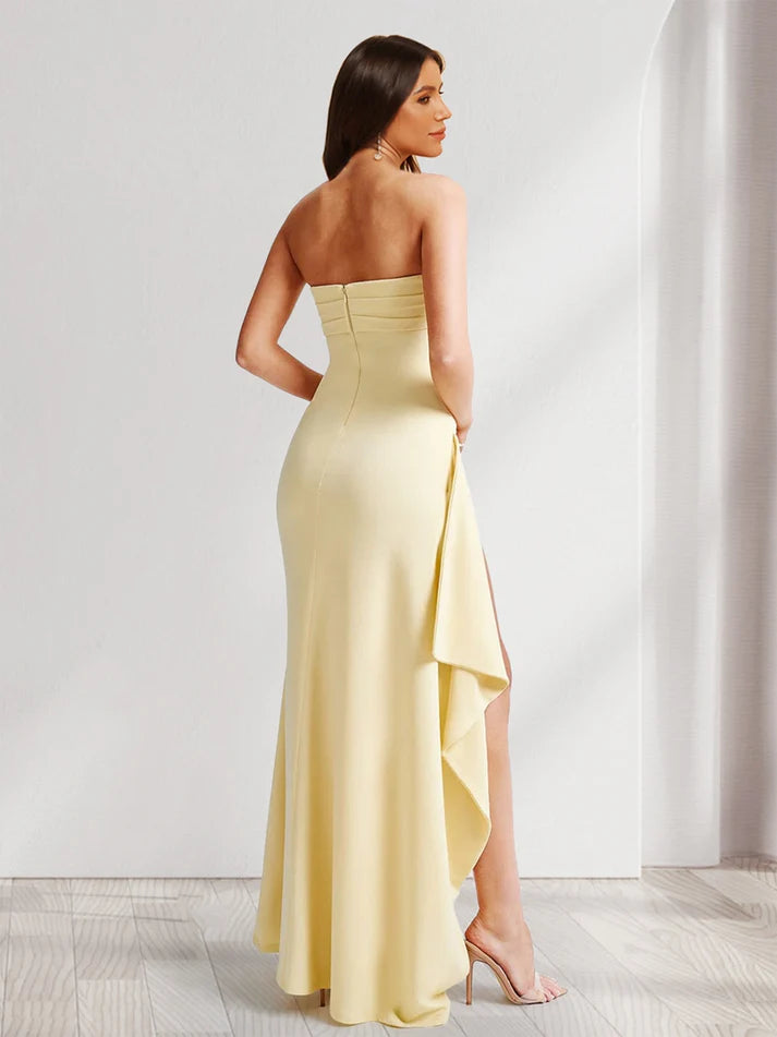 Column Strapless Pleated Ruffle Formal   Retract Your Waist Evening Dresses